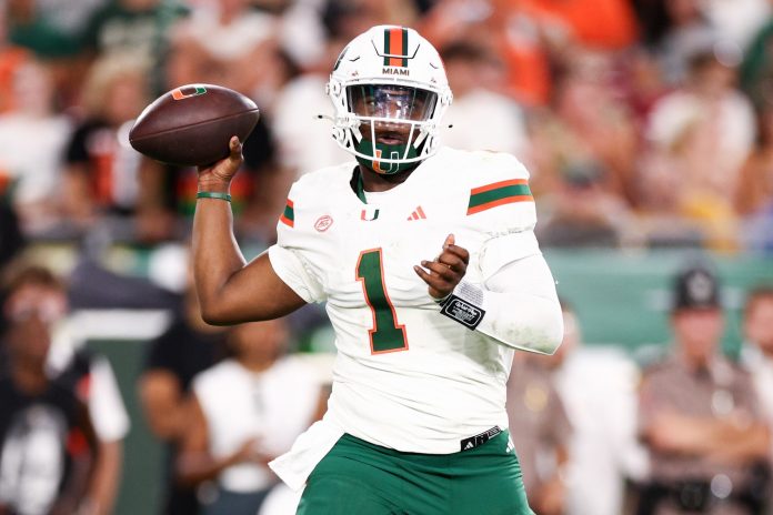 Miami Hurricanes quarterback Cam Ward (1) drops back to pass against the South Florida Bulls in the second quarter at Raymond James Stadium.