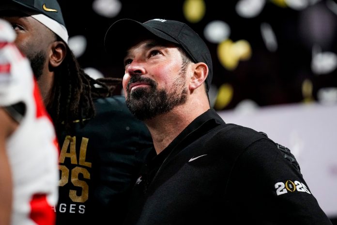 Ohio State Buckeyes head coach Ryan Day reacts after defeating Notre Dame Fighting Irish in the College Football Playoff championship game at Mercedes-Benz Stadium in Atlanta on Jan. 21, 2025.