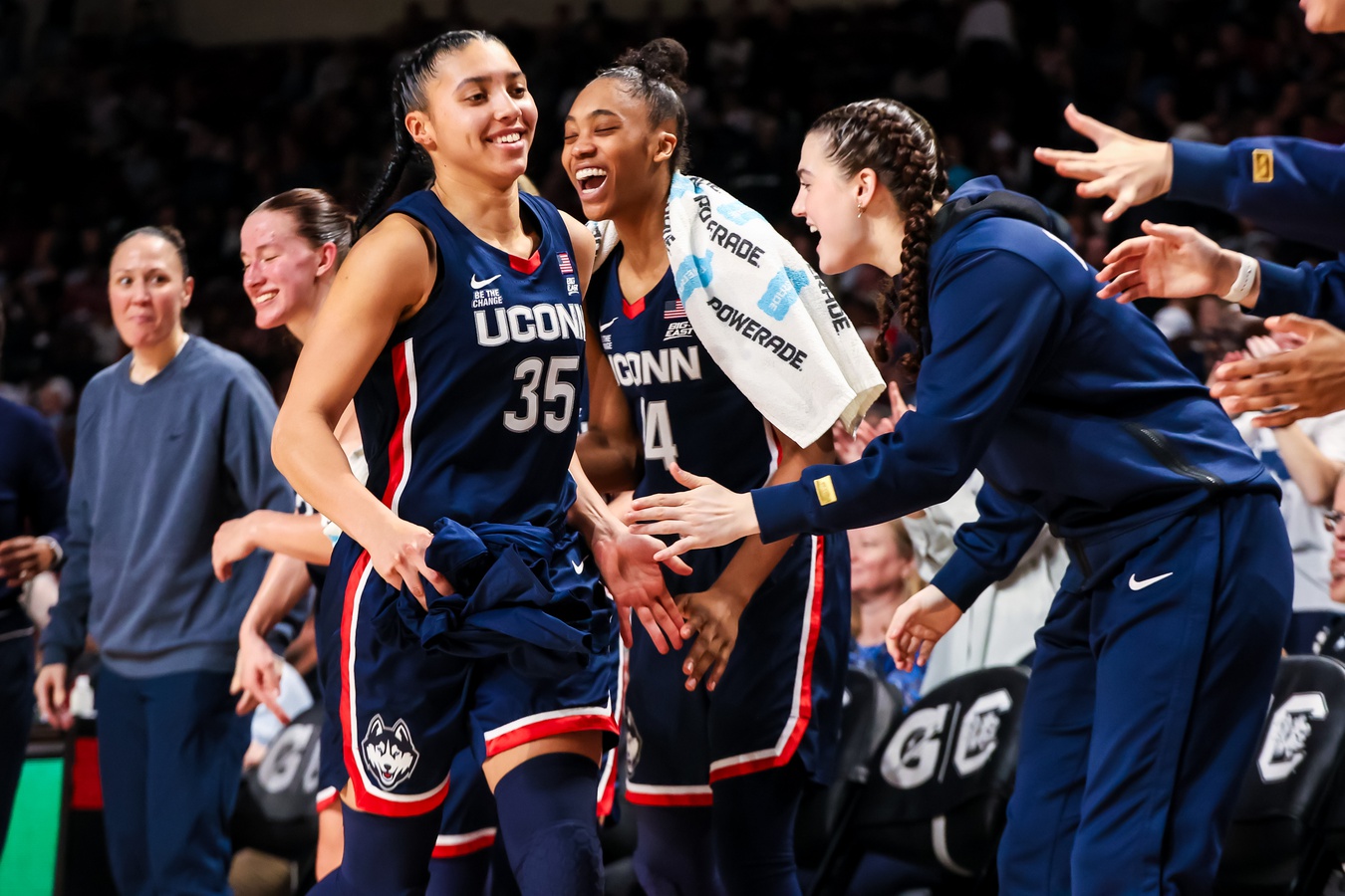 UConn Huskies guard Azzi Fudd (35) is congratulated after being pulled from the game against the South Carolina Gamecocks in the second half at Colonial Life Arena.