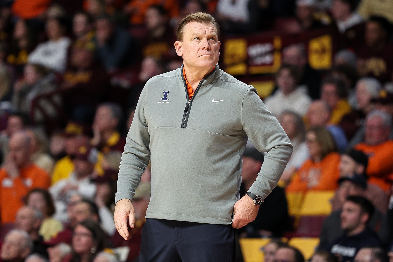 Illinois Fighting Illini head coach Brad Underwood looks on during the first half against the Minnesota Golden Gophers at Williams Arena.