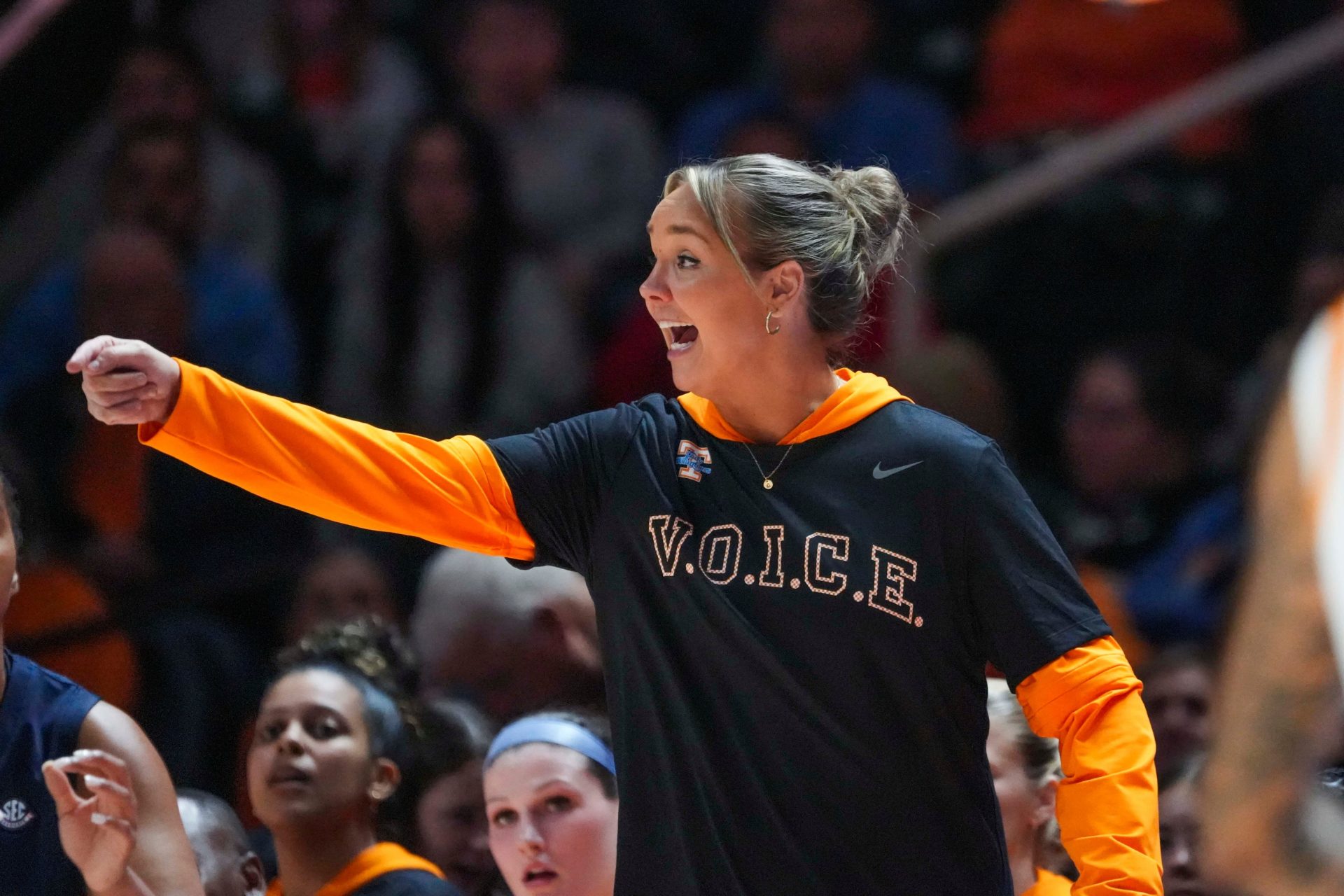 Tennessee Lady Vols head coach Kim Caldwell points during a NCAA women's basketball game between the Lady Vols and Ole Miss at Thompson-Boling Arena at Food City Center in Knoxville on Sunday, February 16, 2025.