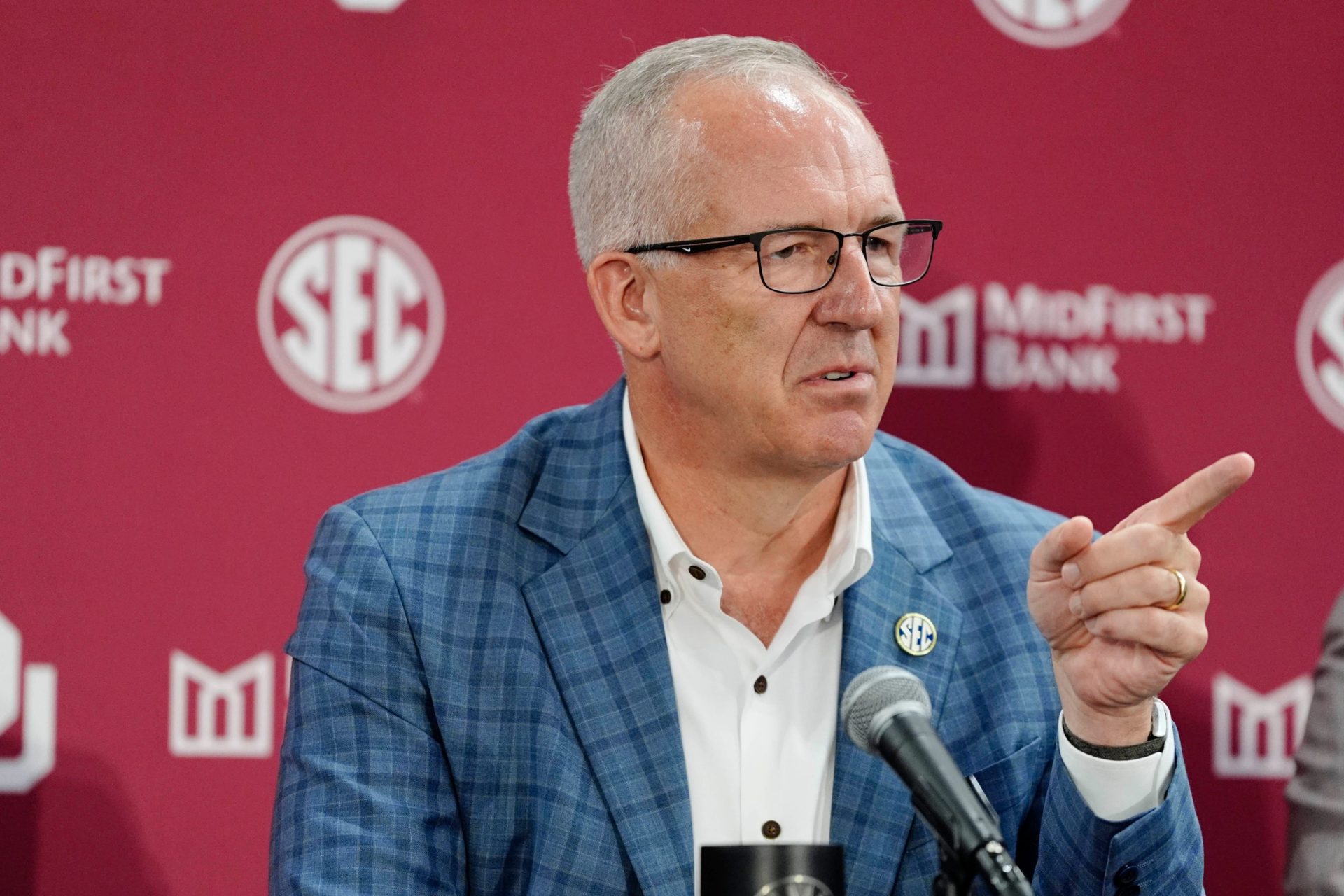 SEC commissioner Greg Sankey talks during a press conference before a celebration for OU joining the Southeastern Conference in Norman, Okla.