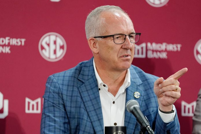 SEC commissioner Greg Sankey talks during a press conference before a celebration for OU joining the Southeastern Conference in Norman, Okla.