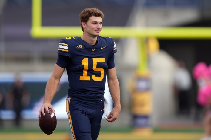 California Golden Bears quarterback Fernando Mendoza (15) walks on the field after defeating the Oregon State Beavers at California Memorial Stadium.