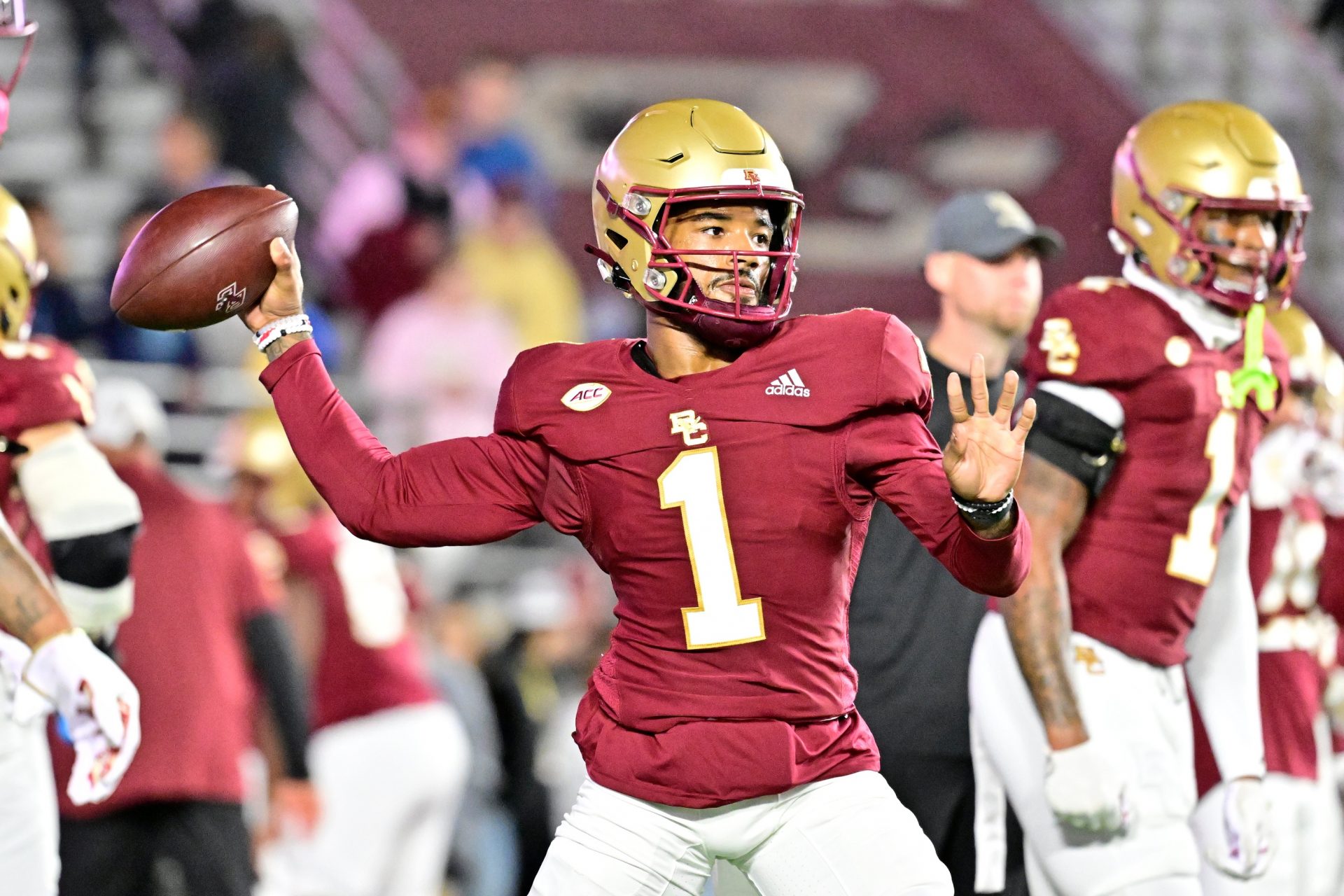 Boston College Eagles quarterback Thomas Castellanos (1) warms up before a game against the Louisville Cardinals at Alumni Stadium.