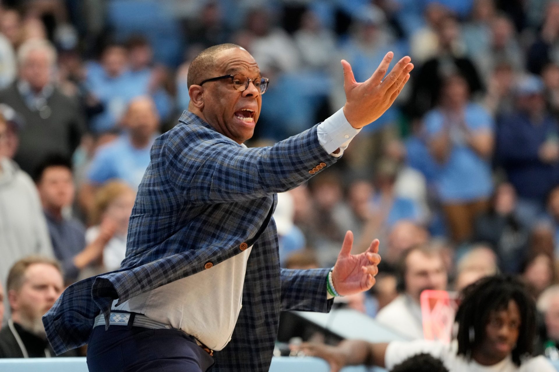 North Carolina Tar Heels head coach Hubert Davis reacts in the first half at Dean E. Smith Center.