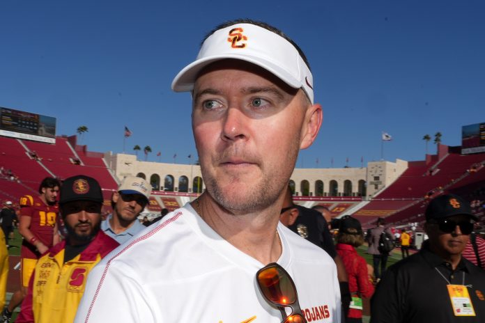 Southern California Trojans head coach Lincoln Riley reacts after a game against the Wisconsin Badgers at United Airlines Field at Los Angeles Memorial Coliseum.