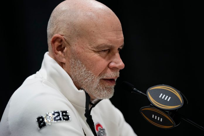 Ohio State Buckeyes defensive coordinator Jim Knowles speaks during Media Day for the College Football Playoff against the Notre Dame Fighting Irish at the Georgia World Congress Center in Atlanta on Jan. 18, 2025.