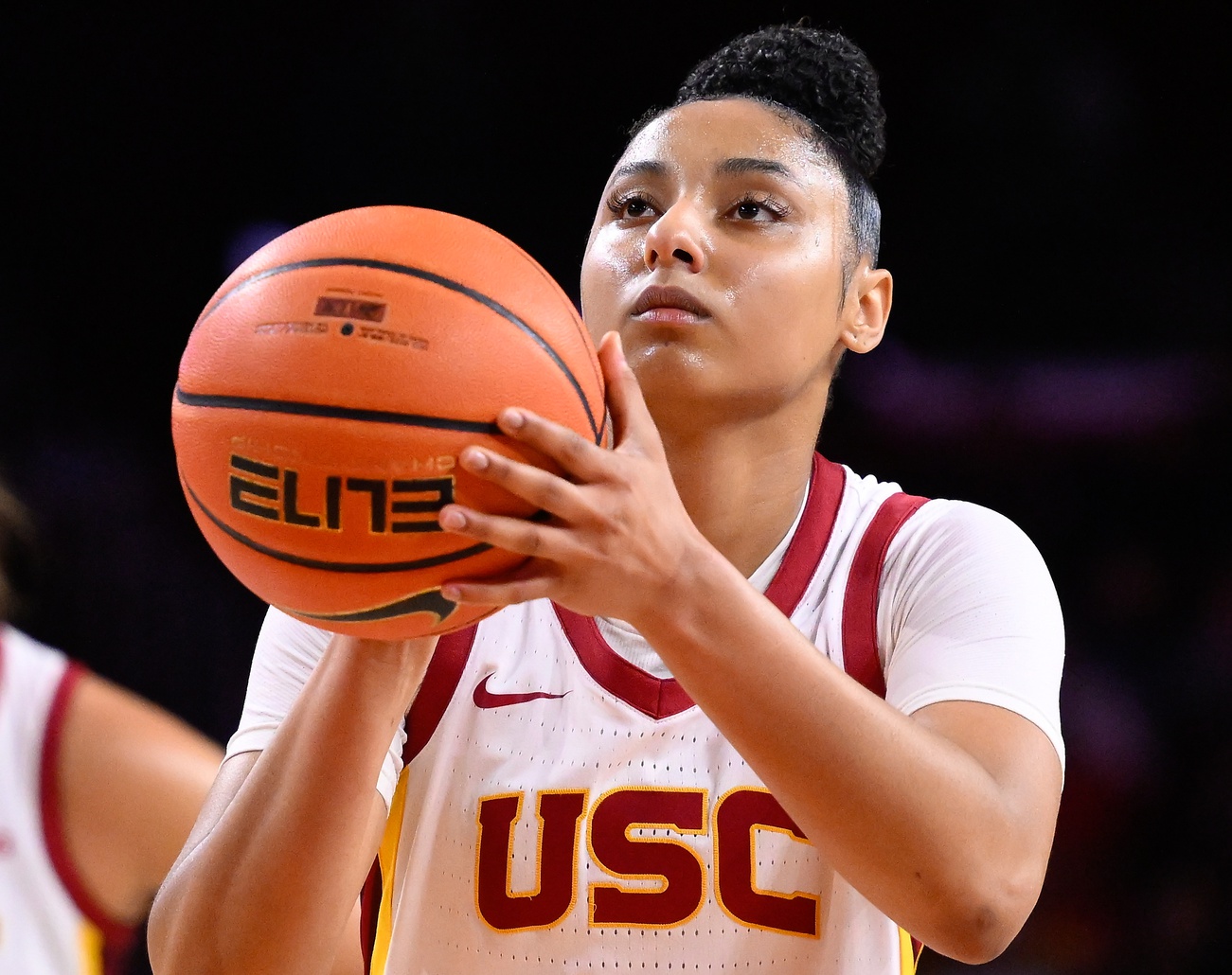 USC Trojans guard JuJu Watkins (12) shoots a free throw during the third quarter against the Ohio State Buckeyes at Galen Center.