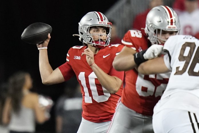 Ohio State Buckeyes quarterback Julian Sayin (10) throws a pass against the Western Michigan Broncos during the second half at Ohio Stadium.