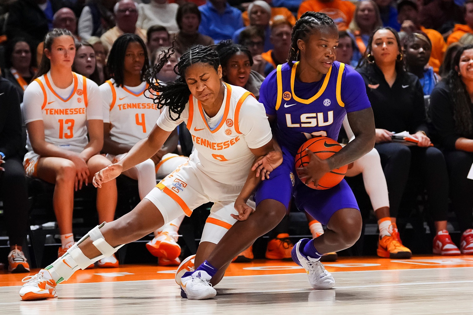 Tennessee guard Jewel Spear (0) loses the ball to LSU guard Kailyn Gilbert (16) during a women's college basketball game between the Lady Vols and LSU at Thompson-Boling Arena at Food City Center on Thursday, Jan. 9, 2025.