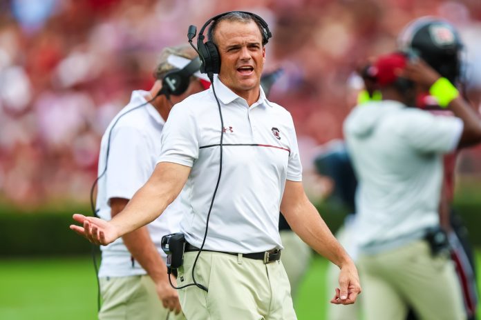 South Carolina Gamecocks head coach Shane Beamer directs his team against the Mississippi Rebels in the second quarter at Williams-Brice Stadium.