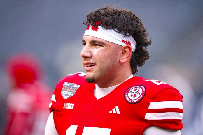 Nebraska Cornhuskers quarterback Dylan Raiola (15) looks on before the game against the Boston College Eagles at Yankee Stadium.