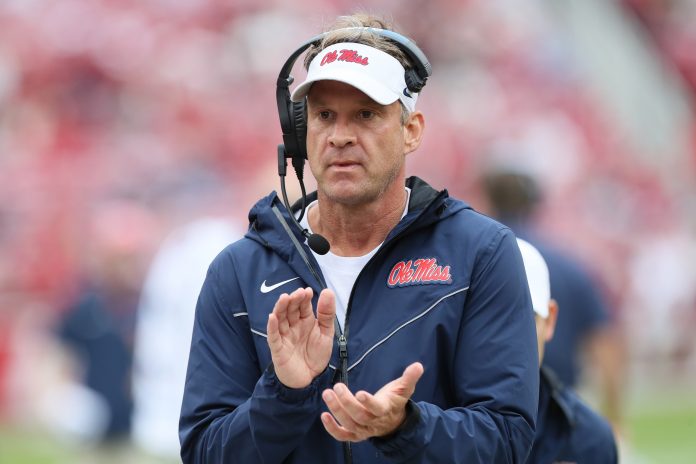 Ole Miss Rebels head coach Lane Kiffin in the fourth quarter against the Arkansas Razorbacks at Donald W. Reynolds Razorback Stadium. Mississippi won 63-31.