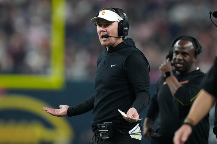 Southern California Trojans head coach Lincoln Riley reacts against the Texas A&M Aggies in the first half at Allegiant Stadium.