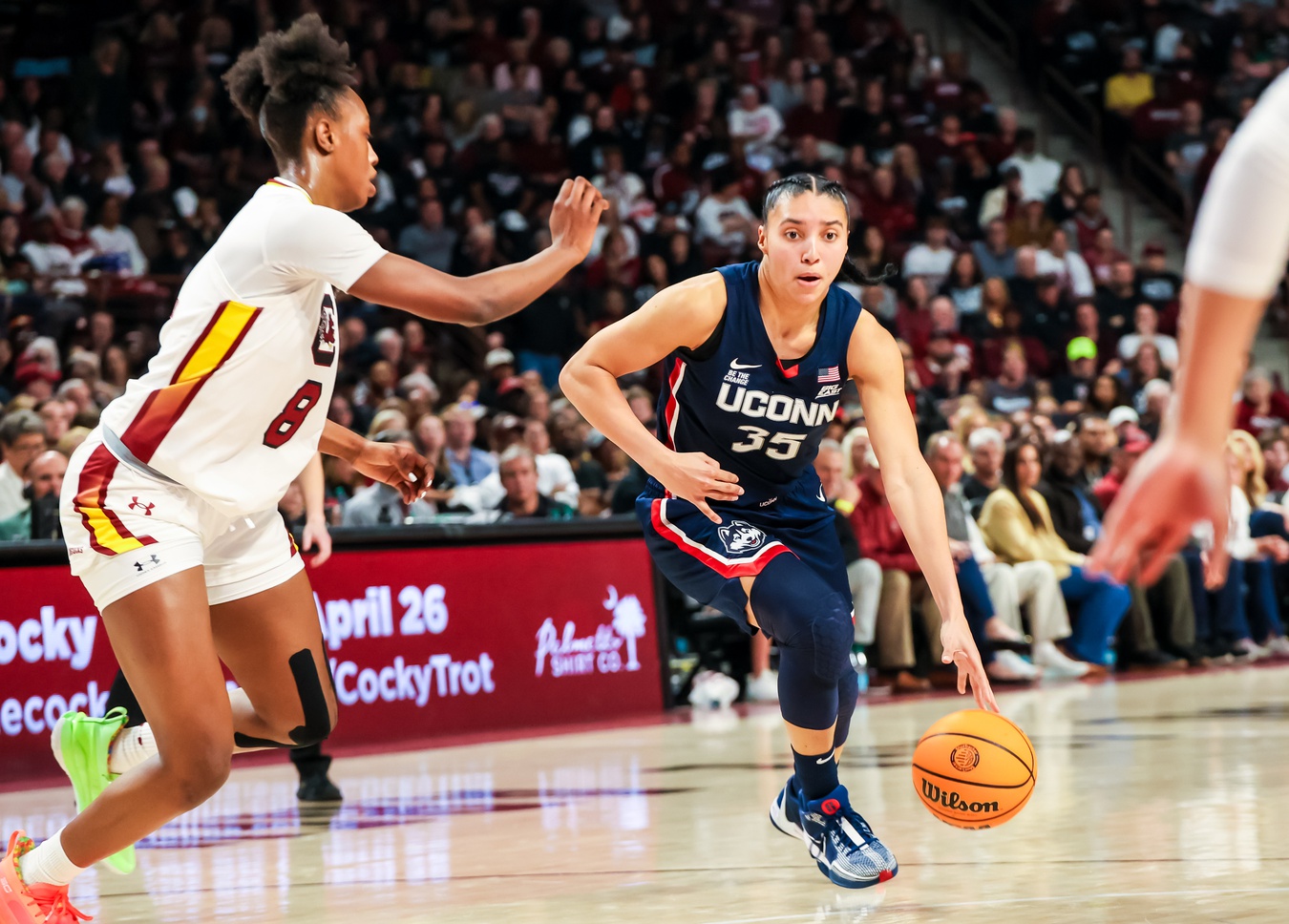 UConn Huskies guard Azzi Fudd (35) drives against the South Carolina Gamecocks in the second half at Colonial Life Arena.