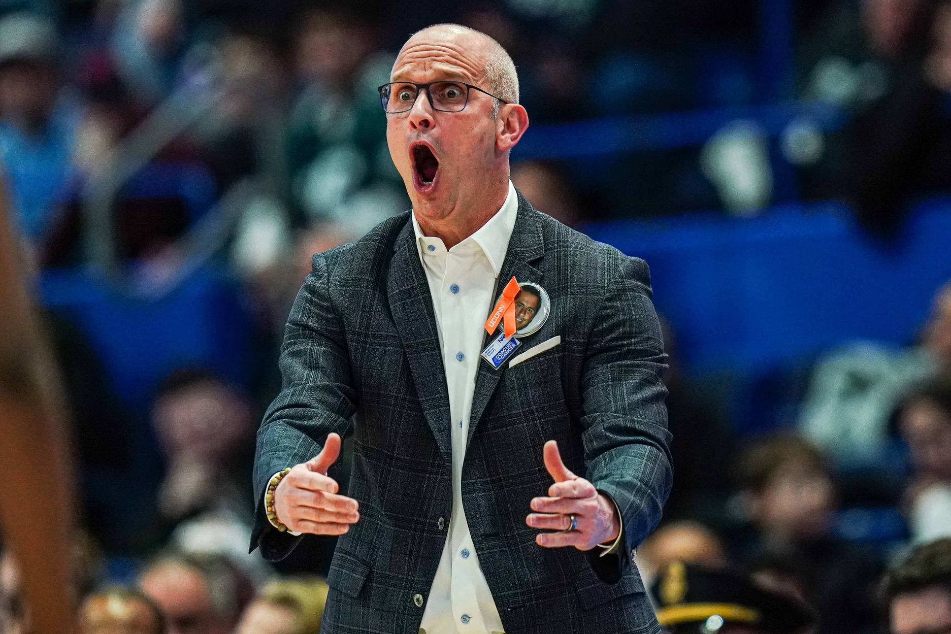 UConn Huskies head coach Dan Hurley watches from the sideline as they take on the DePaul Blue Demons at XL Center.