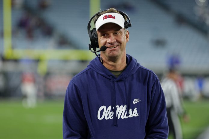 Mississippi Rebels head coach Lane Kiffin looks on against the Duke Blue Devils in the fourth quarter during the Gator Bowl at EverBank Stadium.