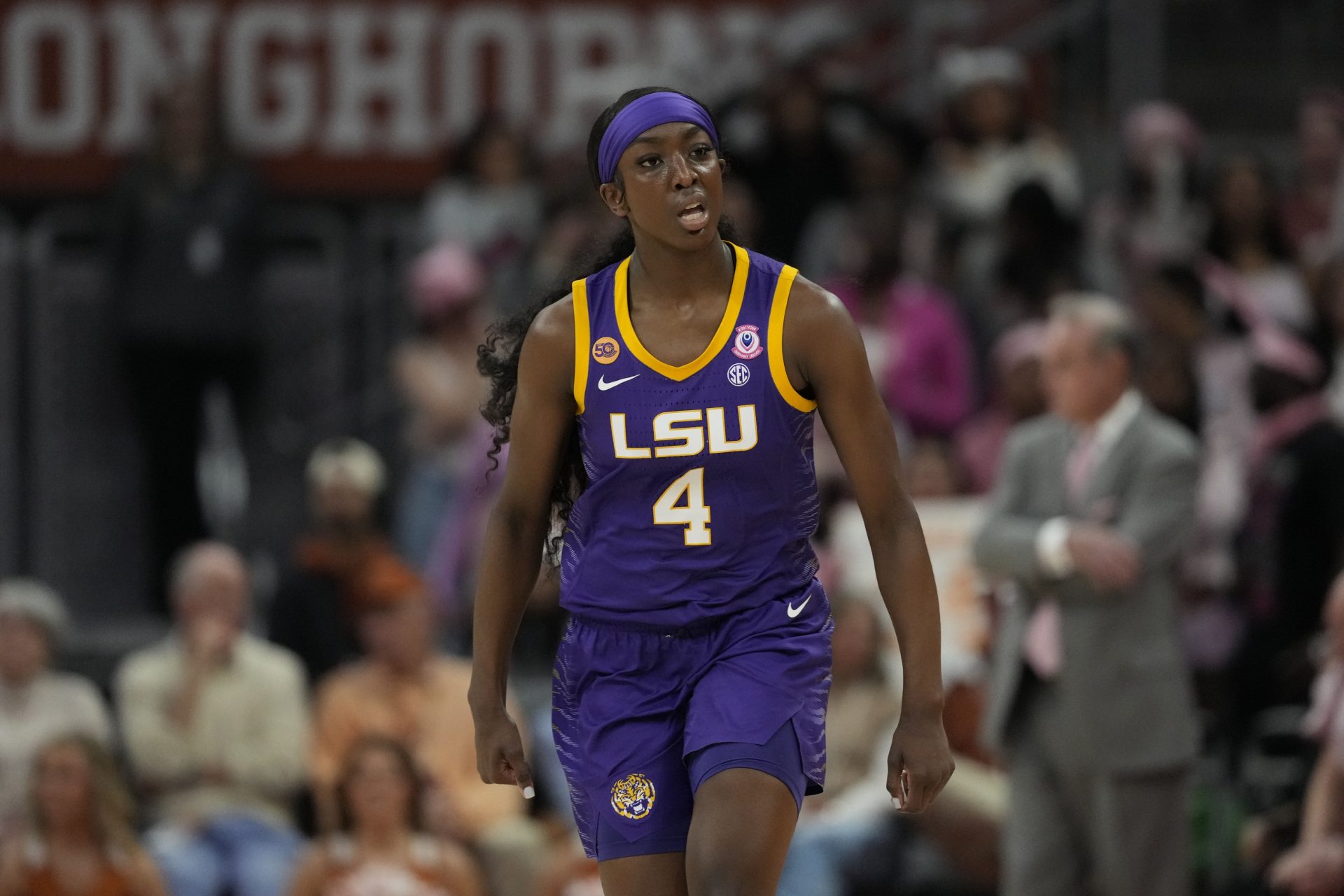 Louisiana State (LSU) Lady Tigers guard Flau'jae Johnson (4) reacts after scoring during the first half against the Texas Longhorns at Moody Center.