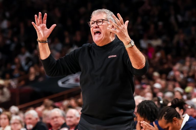 UConn Huskies head coach Geno Auriemma directs his team against the South Carolina Gamecocks in the second half at Colonial Life Arena.