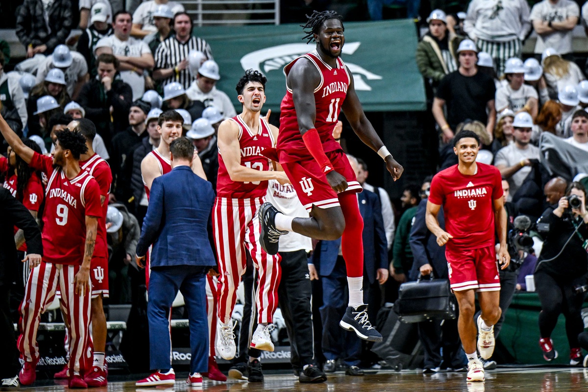 Indiana's Oumar Ballo, center, and the rest of the team celebrates a victory over Michigan State on Tuesday, Feb. 11, 2025, at the Breslin Center in East Lansing.