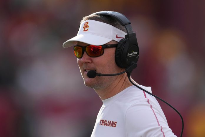 Southern California (USC) Trojans head coach Lincoln Riley reacts against the Notre Dame Fighting Irish in the second half at United Airlines Field at Los Angeles Memorial Coliseum. Mandatory Credit: Kirby Lee-Imagn Images