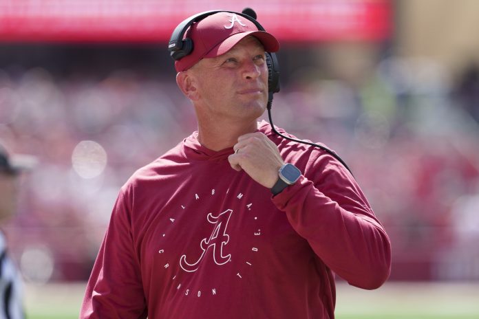 Alabama Crimson Tide head coach Kalen DeBoer during the game against the Wisconsin Badgers at Camp Randall Stadium.