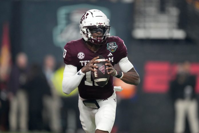 Texas A&M Aggies quarterback Marcel Reed (10) throws the ball against the Southern California Trojans in the first half at Allegiant Stadium.