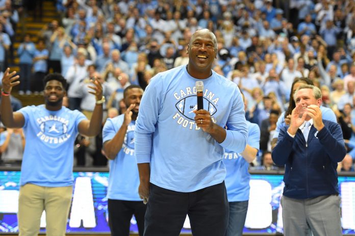 Former North Carolina Tar Heels great Michael Jordan during a half time announcement that Jordan's Jumpman Brand is teaming up with Carolina Football. The Tar Heels defeated the Blue Devils 90-83 at Dean E. Smith Center.