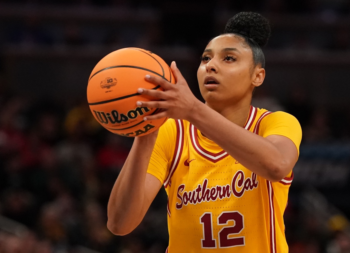 South California Trojans guard JuJu Watkins (12) attempts a free throw against Michigan Wolverines during the second half of the Big Ten Conference Tournament semifinals at Gainbridge Fieldhouse.