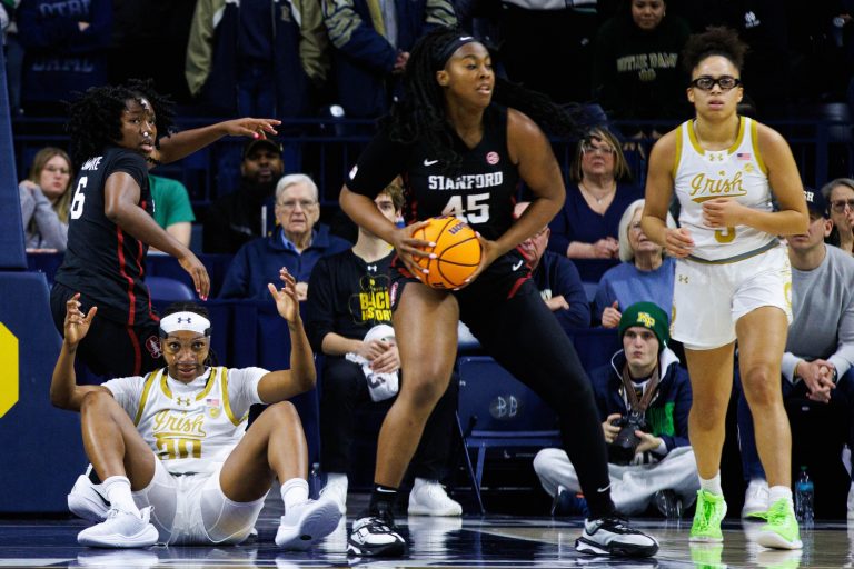 Notre Dame forward Liatu King (20) reacts to being knocked down during a NCAA women's basketball game between Notre Dame and Stanford at Purcell Pavilion on Thursday, Feb. 6, 2025, in South Bend.