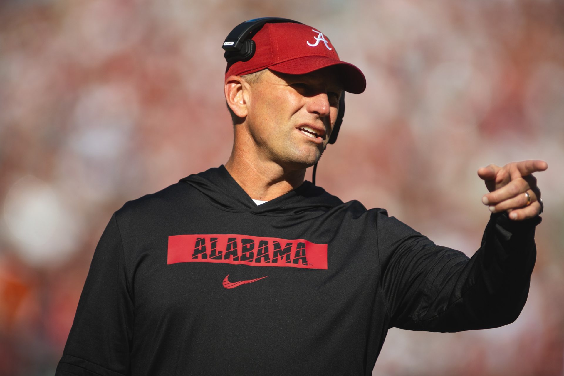 Alabama Crimson Tide head coach Kalen DeBoer gestures during a timeout in the first quarter at Bryant-Denny Stadium.