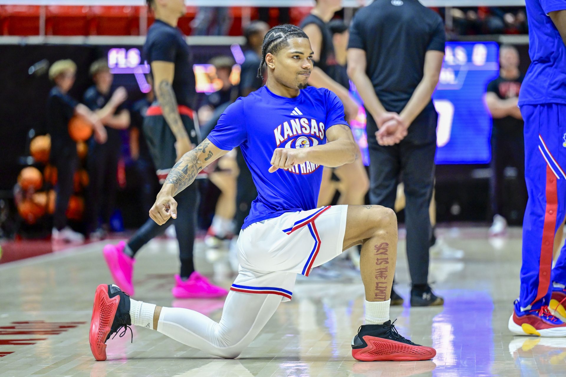 Kansas Jayhawks guard Shakeel Moore (0) warms up before the game against the Utah Utes at the Jon M. Huntsman Center.