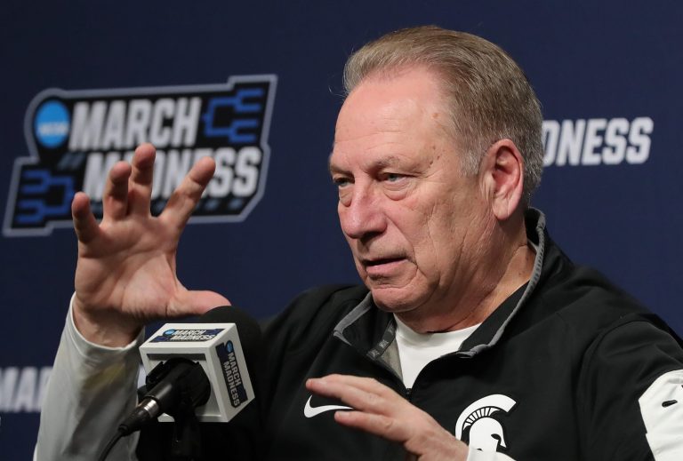 Michigan State Spartans head coach Tom Izzo chats with media during a press conference ahead of their NCAA Tournament First Round game at Rocket Arena on Thursday, March 20, 2025, in Cleveland, Ohio.