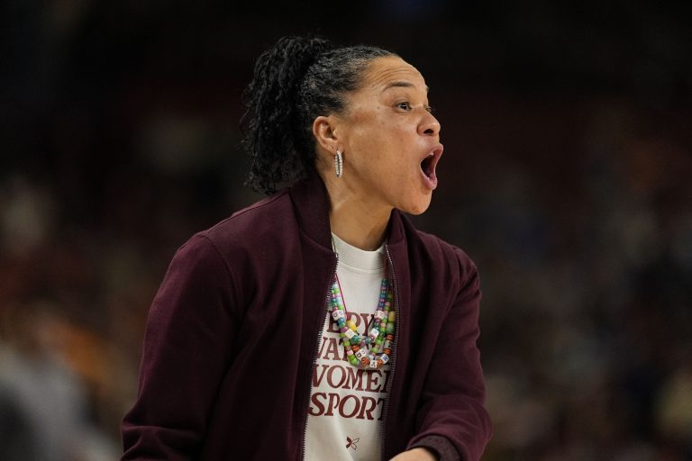 South Carolina Gamecocks head coach Dawn Staley yells to her team during the first half against the Oklahoma Sooners at Bon Secours Wellness Arena.
