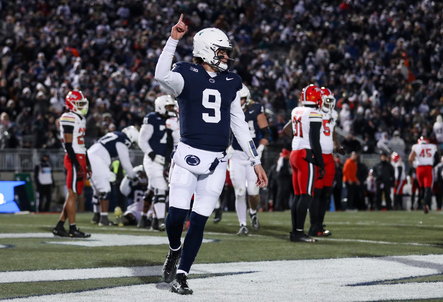 Penn State Nittany Lions quarterback Beau Pribula (9) celebrates after scoring a touchdown against the Maryland Terrapins during the second quarter at Beaver Stadium.