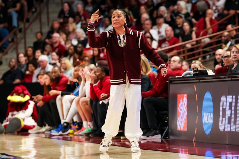 South Carolina Gamecocks head coach Dawn Staley directs her team against the Indiana Hoosiers in the first half at Colonial Life Arena.