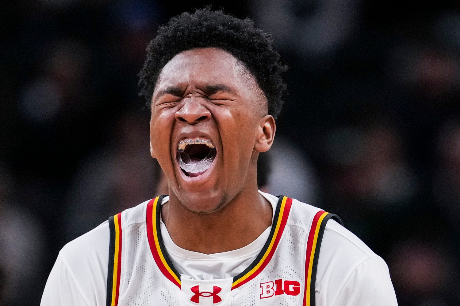 Maryland Terrapins center Derik Queen (25) yells after scoring Saturday, March 15, 2025, in a semifinals game at the 2025 TIAA Big Ten Men’s Basketball Tournament between the Michigan Wolverines and the Maryland Terrapins at Gainbridge Fieldhouse in Indianapolis. The Michigan Wolverines defeated the Maryland Terrapins, 81-80.