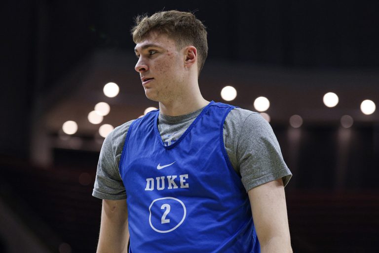 Duke Blue Devils forward Cooper Flagg (2) during a practice session in preparation for an East Regional semifinal game against the Arizona Wildcats at Prudential Center.