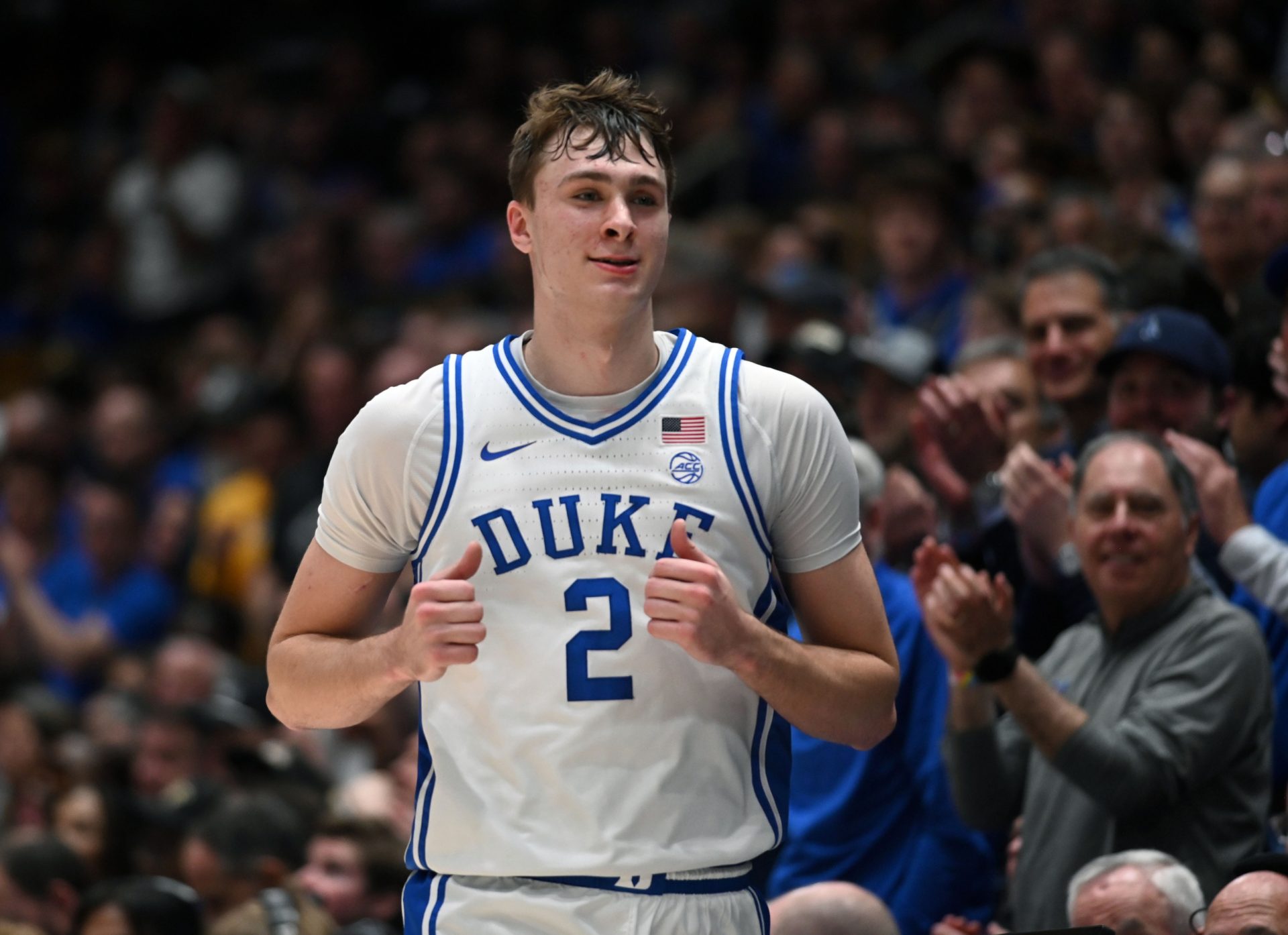 Duke Blue Devils forward Cooper Flagg (2) reacts as he heads to the bench during the second half against the Wake Forest Demon Deacons at Cameron Indoor Stadium. The Blue Devils won 93-60.