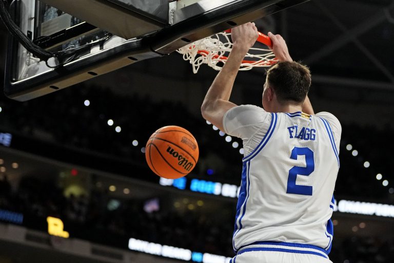 Mar 23, 2025; Raleigh, NC, USA; Duke Blue Devils forward Cooper Flagg (2) dunks the ball during the first half against the Baylor Bears in the second round of the NCAA Tournament at Lenovo Center. Mandatory Credit: Bob Donnan-Imagn Images