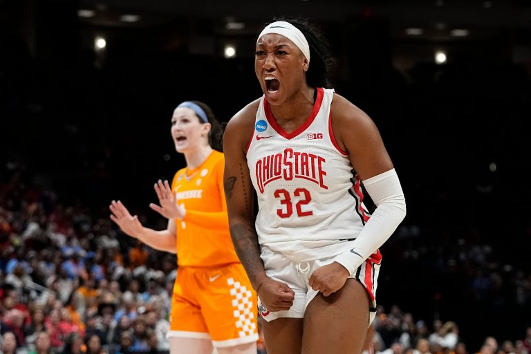 Ohio State Buckeyes forward Cotie McMahon (32) reacts during the second round of the women's NCAA Tournament against the Tennessee Lady Vols at Value City Arena in Columbus on March 23, 2025. Ohio State lost 82-67.