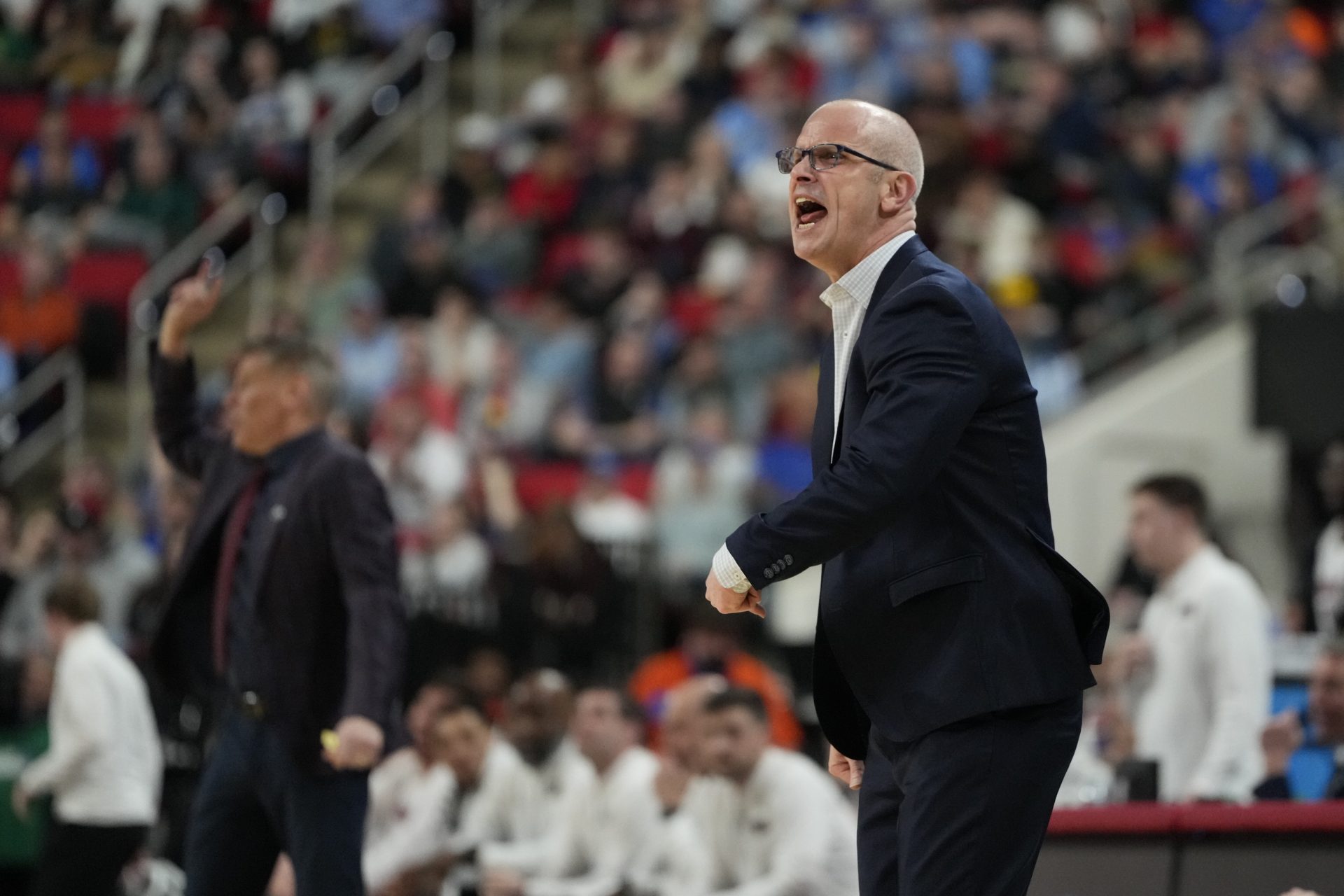 Connecticut Huskies head coach Dan Hurley reacts during the first half against the Oklahoma Sooners at Lenovo Center.