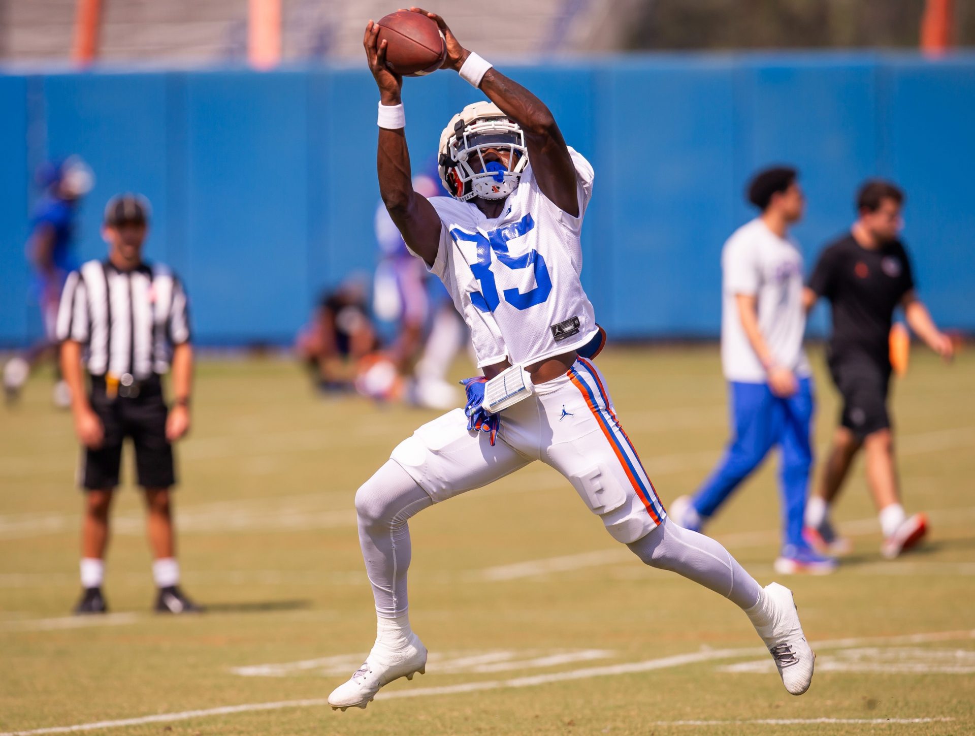 Florida Gators wide receiver DeBraun Hampton (35) hauls in a pass while running routes during Fall practice at Sanders Practice Fields in Gainesville, FL on Thursday, August 8, 2024. [Doug Engle/Gainesville Sun]