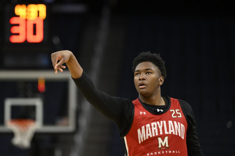 Maryland Terrapins center Derik Queen (25) shoots the basketball during NCAA Tournament West Regional Practice at Chase Center.