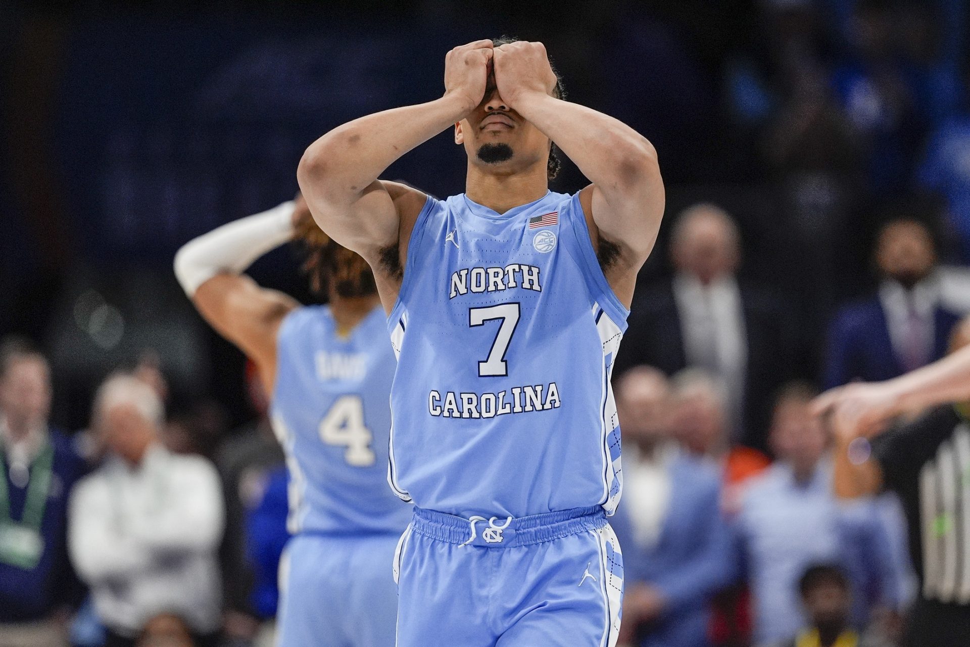 UNC guard Seth Trimble (7) reacts to a missed opportunity later during the second half against the Duke Blue Devils at Spectrum Center.