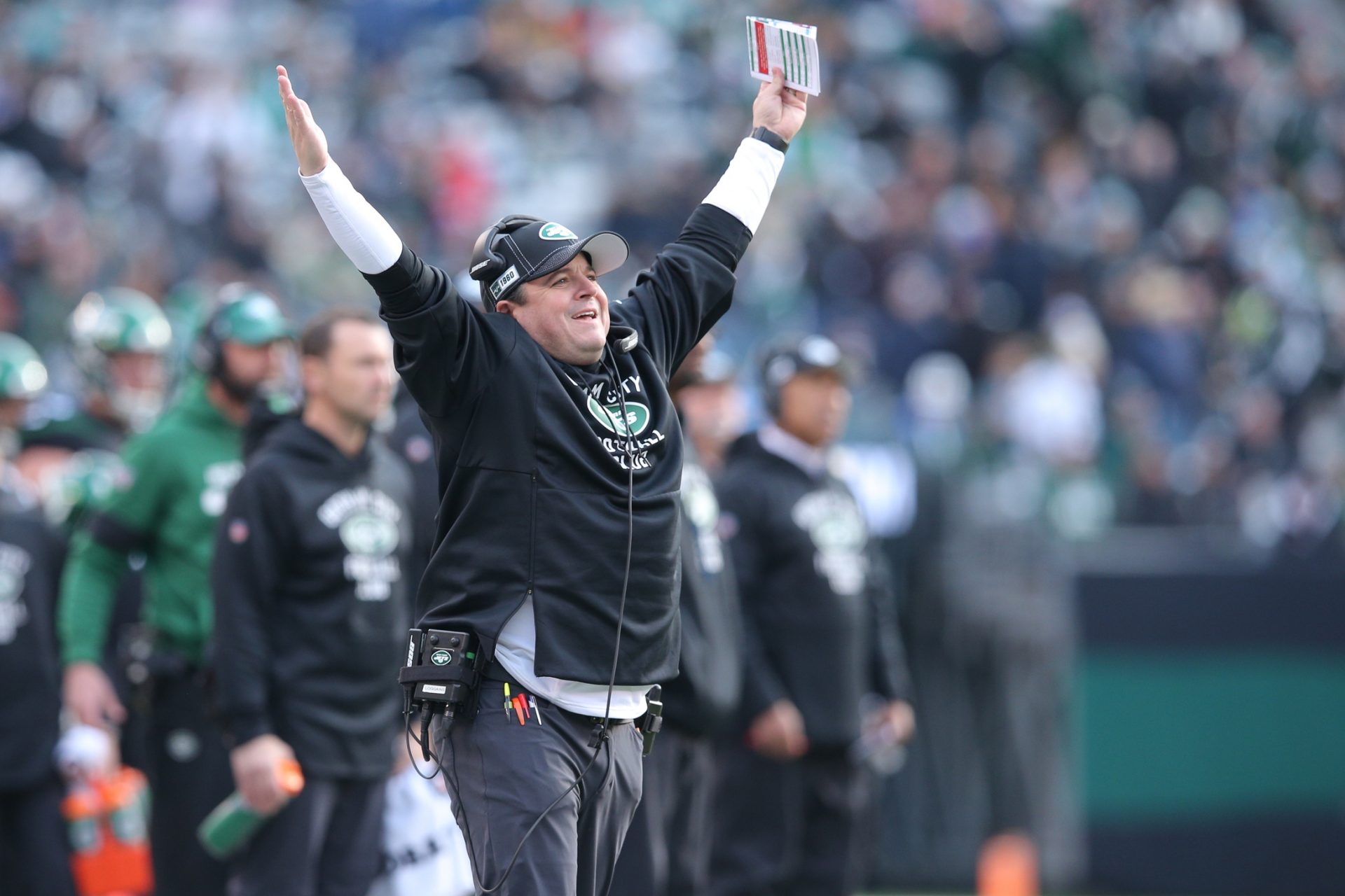 New York Jets offensive coordinator Dowell Loggains reacts during the second quarter against the Miami Dolphins at MetLife Stadium.