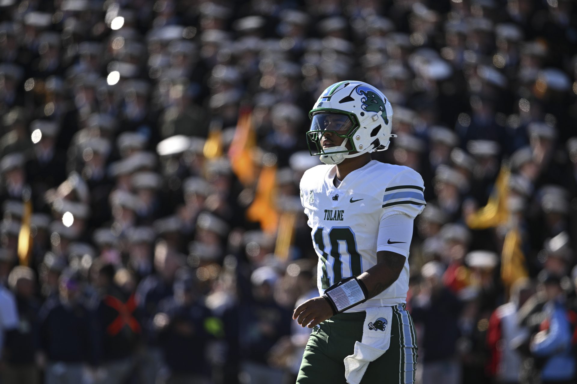 Tulane Green Wave quarterback Darian Mensah (10) stand son there field during the first quarter against the Navy Midshipmen at Navy-Marine Corps Memorial Stadium.