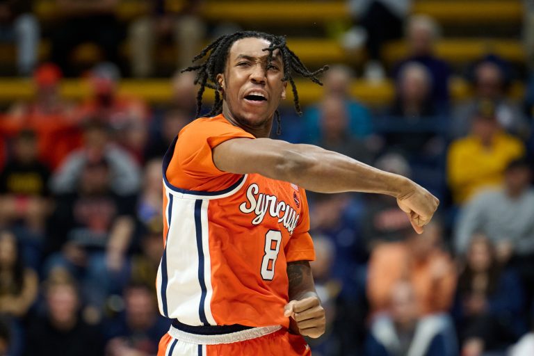 Syracuse Orange guard Elijah Moore (8) reacts to a basket against the California Golden Bears during the first half at Haas Pavilion.