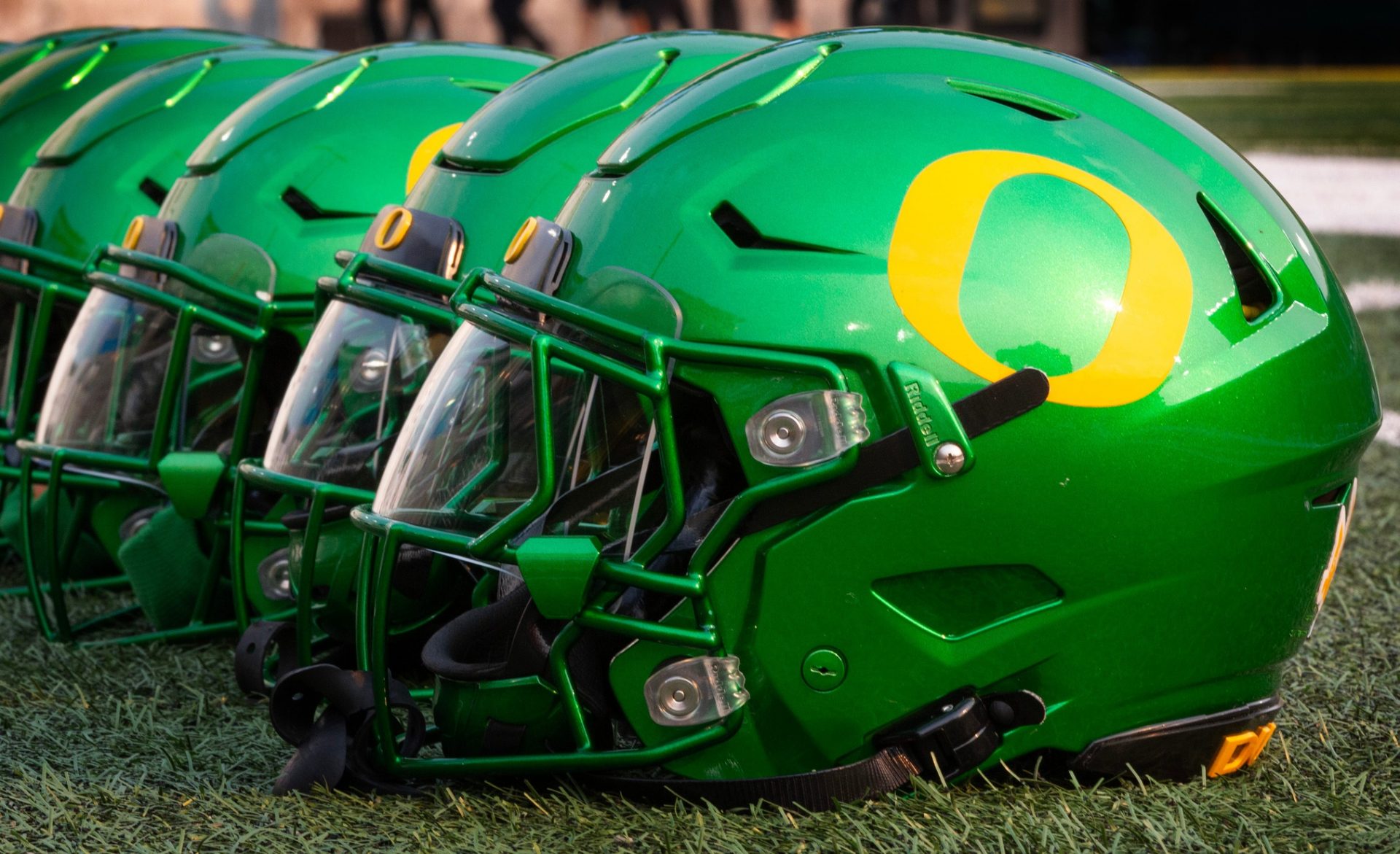 Oregon football helmets await the beginning of the game against Boise State at Autzen Stadium in Eugene Sept. 7, 2024